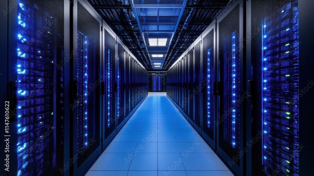 Poster a modern data center showcasing advanced server technology.