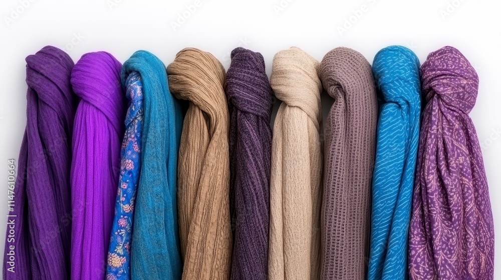 Poster a vibrant array of knotted scarves in various colors, showcasing textures and patterns, perfect for 