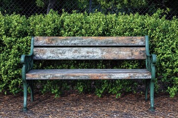 Weathered wooden bench with metal fence in garden setting.