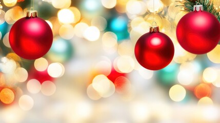 Fototapeta premium Merry Christmas! Red Ornaments Hanging Against a Sparkling Bokeh Background