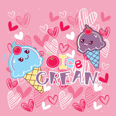 Cute ice cream vector illustration with a vibrant flower and heart background in a playful pastel design
