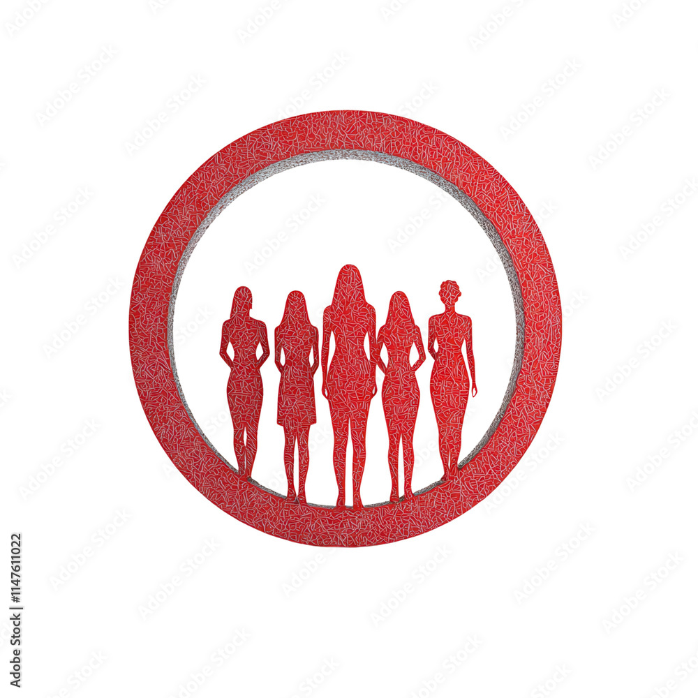 Poster a circular design featuring five stylized female figures arranged in a row, highlighted in red again