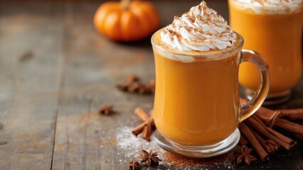 Pumpkin Spice Latte with Whipped Cream on Wooden Table with Autumn Decor