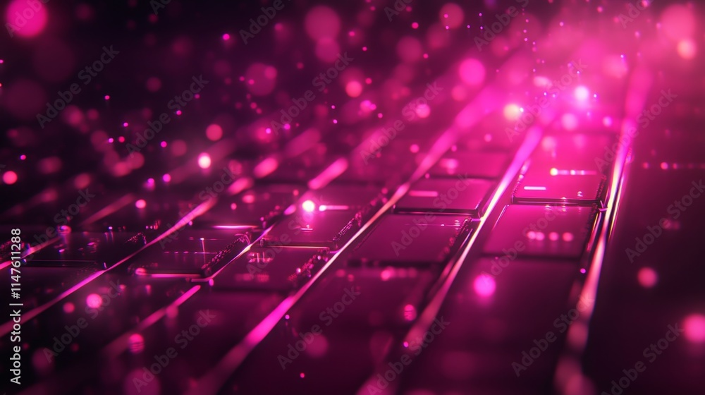 Poster dynamic pink light reflections on keyboard digital workspace abstract imagery futuristic technology 