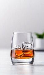 Elegant Glass of Whiskey with Ice Cubes on Light Background Perfect for Beverage and Cocktail Themes