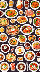 Creative and vibrant food design with rice, beef, egg, shrimp, salad, and soup arranged beautifully on a plate and bowl