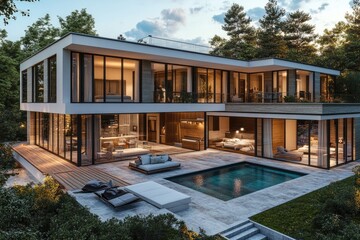 Fototapeta premium Modern villa with open plan living private bedroom wing and pool.