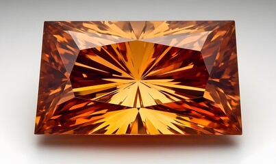 Rectangular faceted citrine gemstone on a white surface.