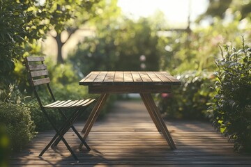Naklejka premium empty wood table and chair on the terrace at summer day