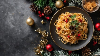 Festive Flat Lay: Spaghetti with Christmas Garnishes on Black Plate with Gold Rim, Cozy Holiday Atmosphere, Dark Background