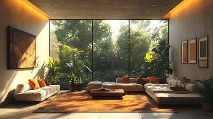 Modern living room with jungle view. Concept of relaxation, nature, and minimalist design.