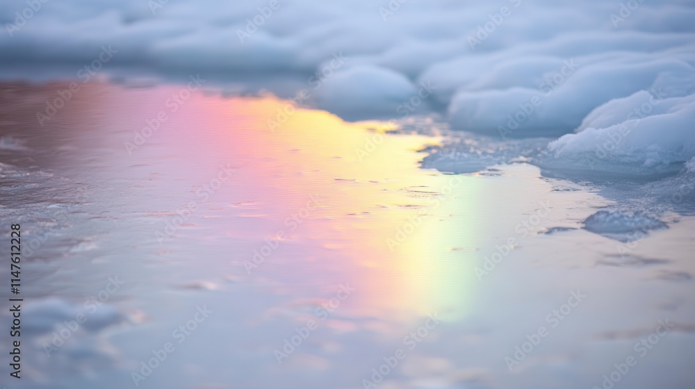 Poster a close-up of water reflecting a rainbow spectrum amidst soft foam and gentle waves, creating a sere