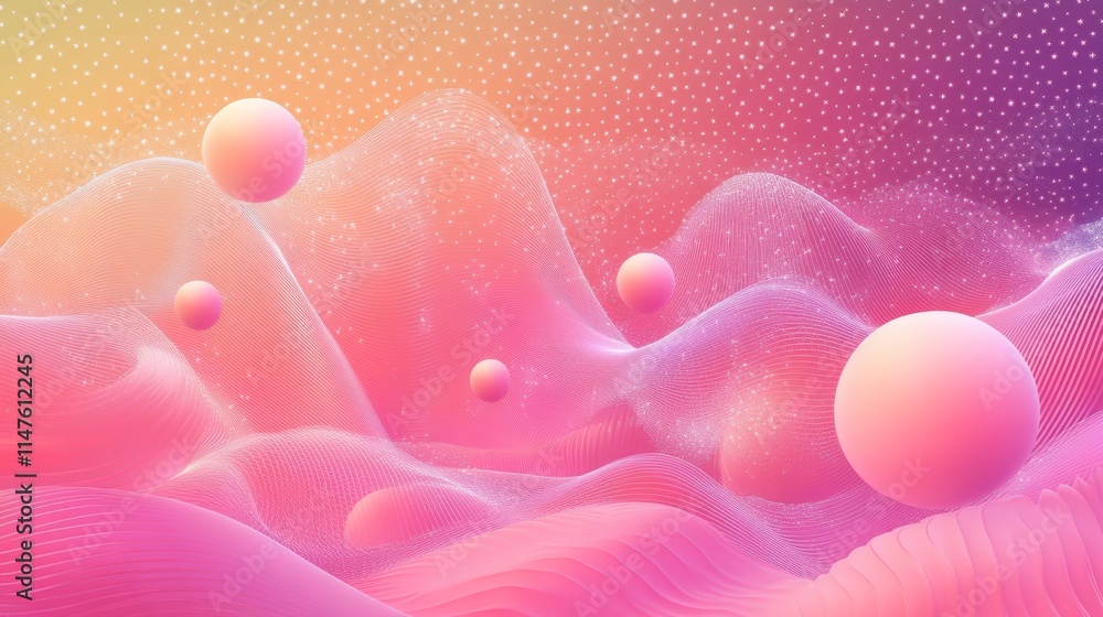 Poster dynamic abstract landscape with floating spheres digital art creation vibrant colors virtual environ