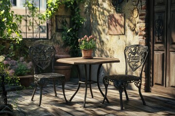 Fototapeta premium Garden furniture iron chairs table wood mat plank floor.