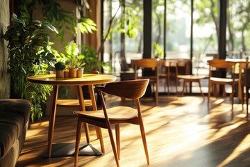 leisure corner with wood chairs and table on wooden floor in coffee shop