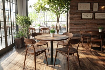 Fototapeta premium leisure corner with wood chairs and table on wooden floor in coffee shop