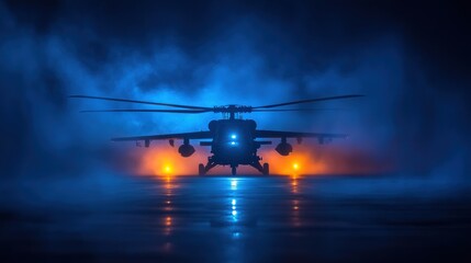 A dramatic silhouette of a helicopter against a backdrop of blue and orange lights in fog.