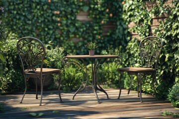Obraz premium Garden furniture iron chairs table wood mat plank floor.