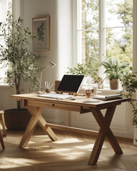 Modern wooden desk with computer in bright home office