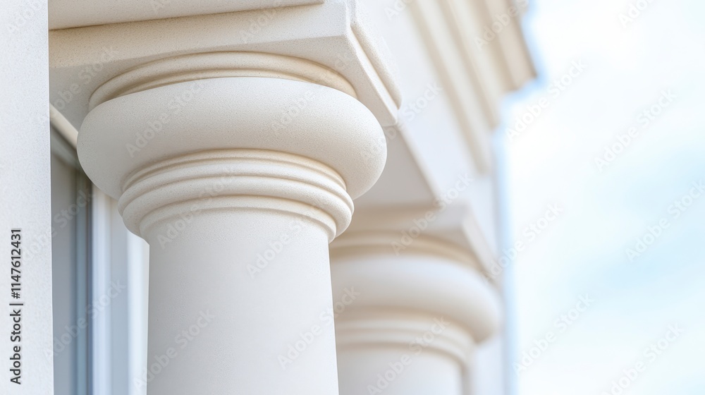 Poster close-up of architectural columns, showcasing elegant design and smooth textures against a soft, blu