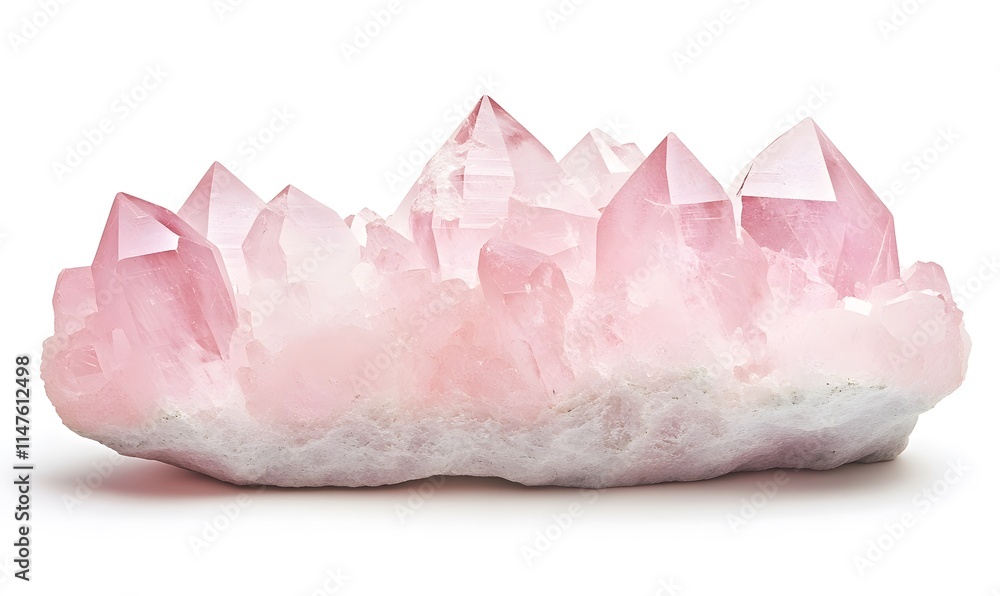 Poster pink crystal cluster with sharp points on white background.