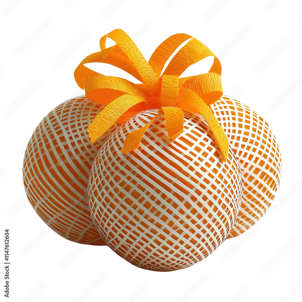 Poster three decorative spheres adorned with an orange ribbon and a grid pattern, creating an appealing fes