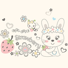 Cute animal vector illustration enjoying fresh fruits with beautiful flower decorations
