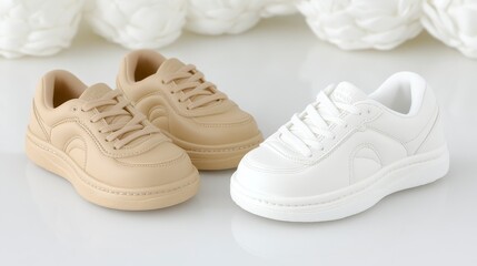 A pair of stylish sneakers in beige and white, showcasing modern design and versatility, perfect for casual wear.