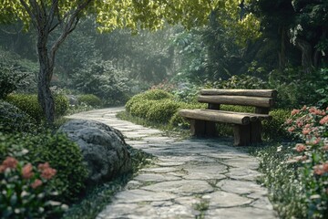 Garden walkway with clean floors  log benches  and bushes.