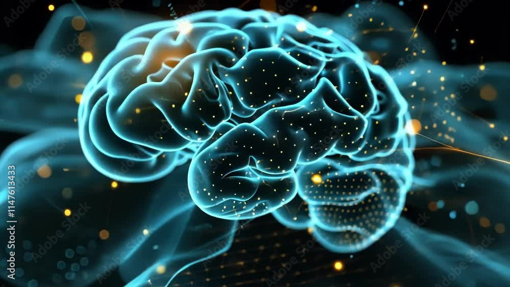 Poster glowing digital human brain is processing big data in neural network, symbolizing artificial intelli