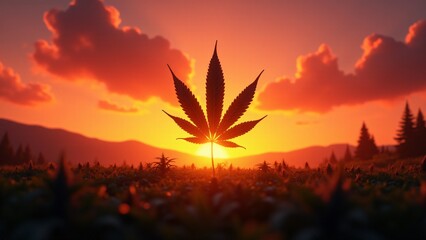 A cannabis leaf silhouette at sunset with an orange-pink sky and scattered marijuana plants below, capturing the serene beauty of nature and 420 culture.