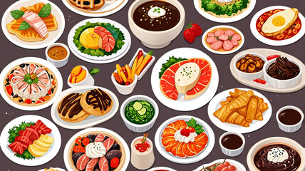 Vibrant sticker design with various foods including rice, beef, salad, egg, shrimp, and soup arranged on a plate