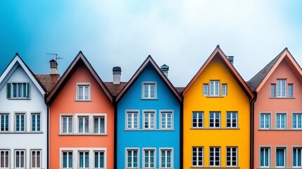 A row of colorful houses with distinct roofs against a cloudy sky, showcasing a charming architectural style.
