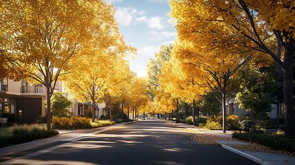 Obraz premium A street corner in an urban area with newly planted trees, their leaves turning golden in the autumn. The trees are strategically placed to provide shade and beauty to the neighborhood. 