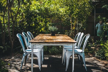 Fototapeta premium white Metal Table wooden table face With 6 Chairs Outdoor In The Home Garden