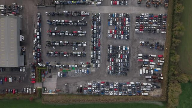 Aerial view of a large car scrap yard in County Kildare, Ireland.