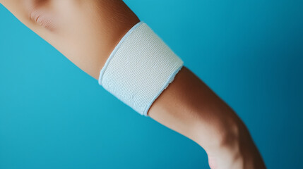 Arm with white bandage against blue background