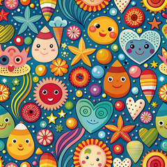 Colorful Seamless Pattern with Cute Faces and Shapes