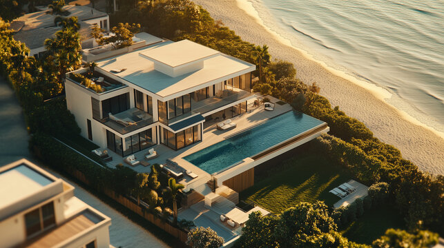 Drone view of a modern luxury beachside villa at sunset