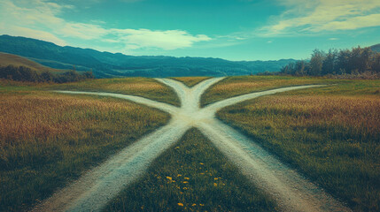 A picturesque country road forks into three paths offering a choice of directions against a backdrop of tranquil mountains under a serene sky