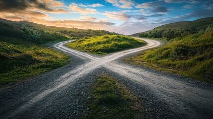 A picturesque country road forking at sunset with grassy hillsides