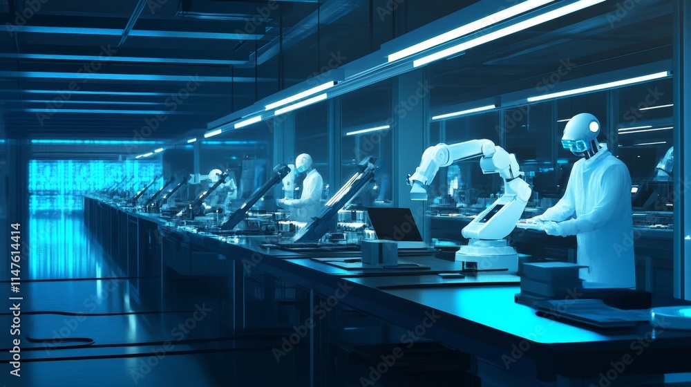 Aufkleber robotic assembly line operations high-tech facility industrial scene futuristic environment wide ang