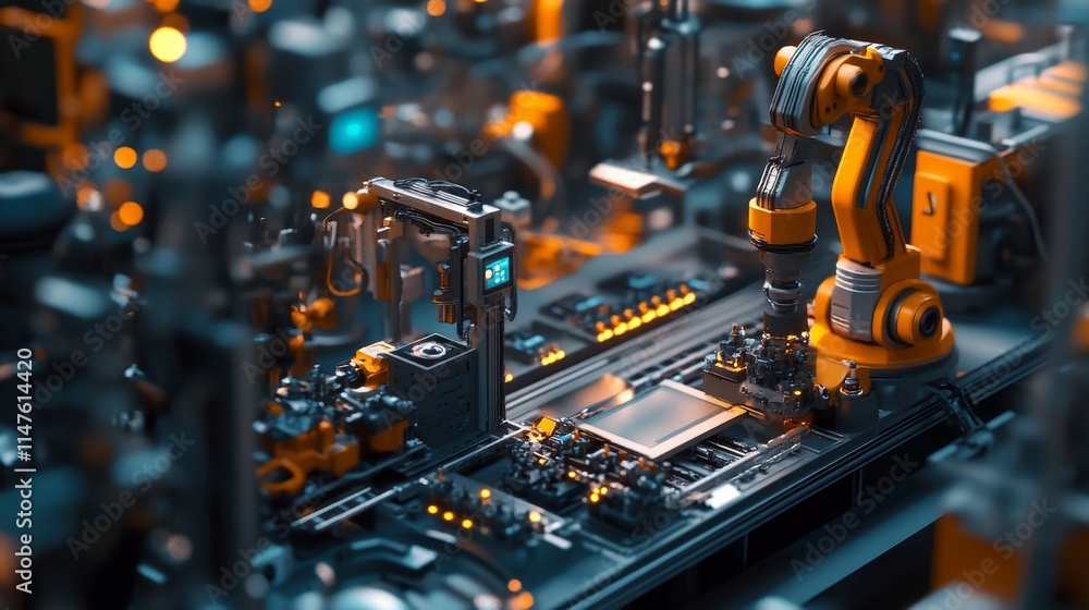 Poster innovative robotics assembly line high-tech factory digital art futuristic environment close-up view