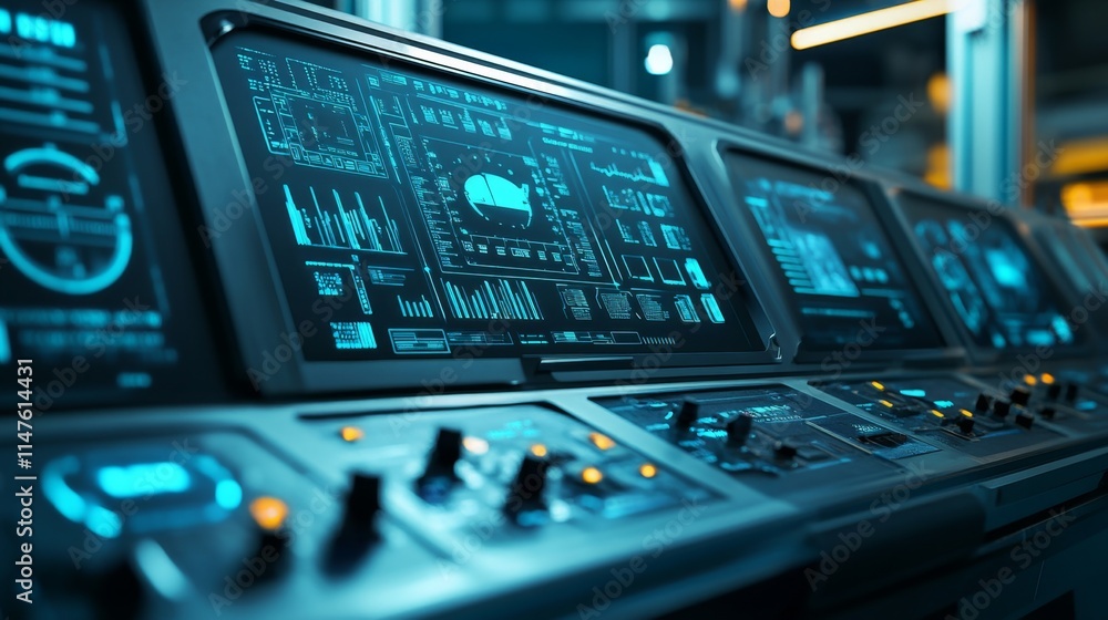 Poster monitoring technological systems control room digital displays high-tech environment close-up view d
