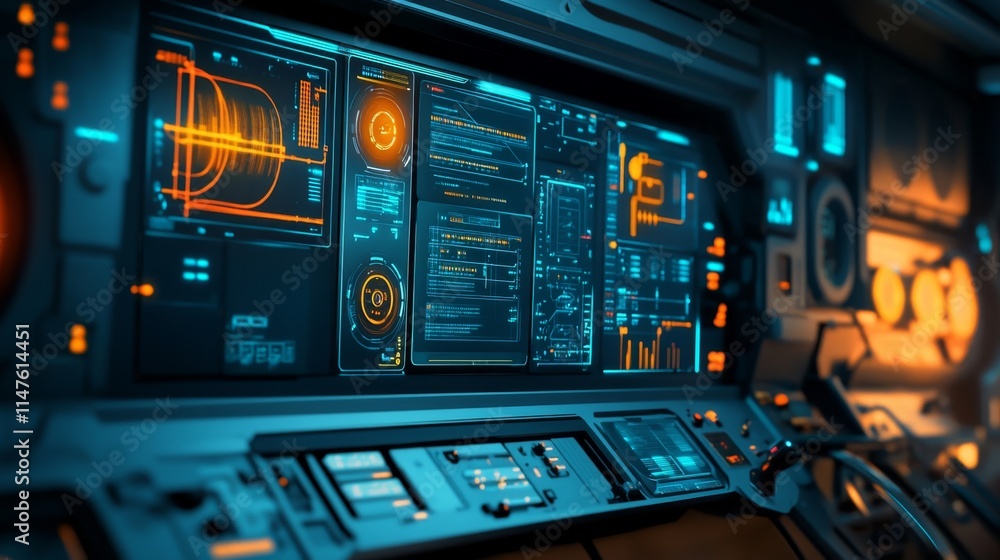 Poster futuristic control dashboard displays high-tech facility digital interface sci-fi environment close-