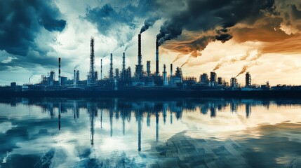 Fototapeta premium Industrial pollution impacting river ecosystem urban area photography dramatic skies wide angle environmental awareness