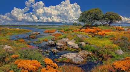 Serene landscape with vibrant wildflowers, tranquil water, and dramatic clouds.