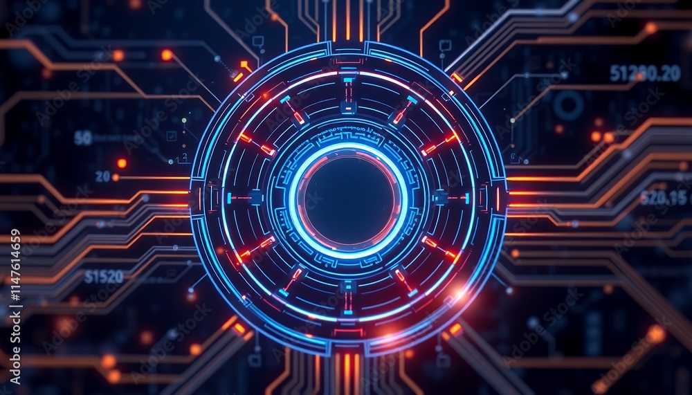 Poster futuristic technology interface: abstract digital circuitry and glowing circular design