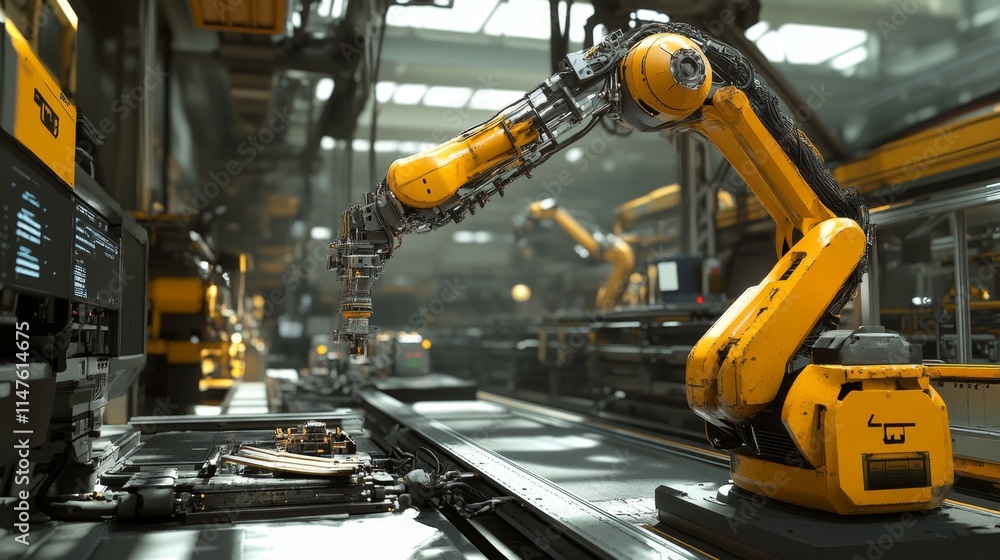 Poster industrial robotics revolutionizing manufacturing processes in advanced factories high-tech environm
