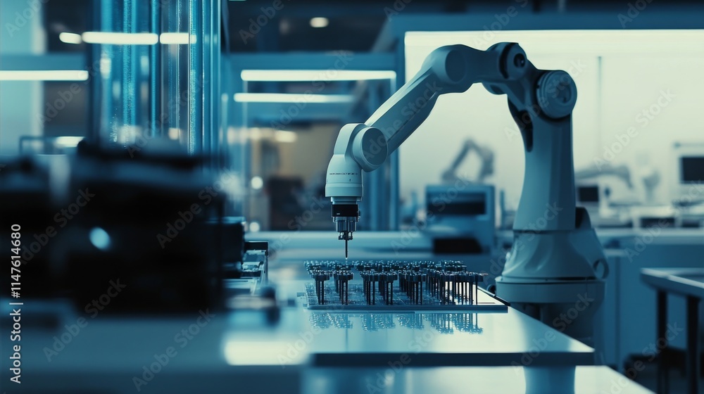 Poster robotic automation in modern manufacturing advanced tech lab image capture industrial setting close-